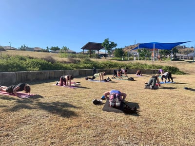 Group Pic of people in field doing push ups