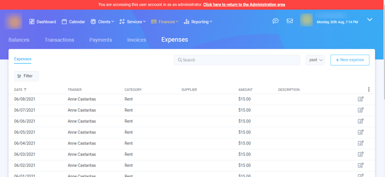 example of PTminder contact invoice record 